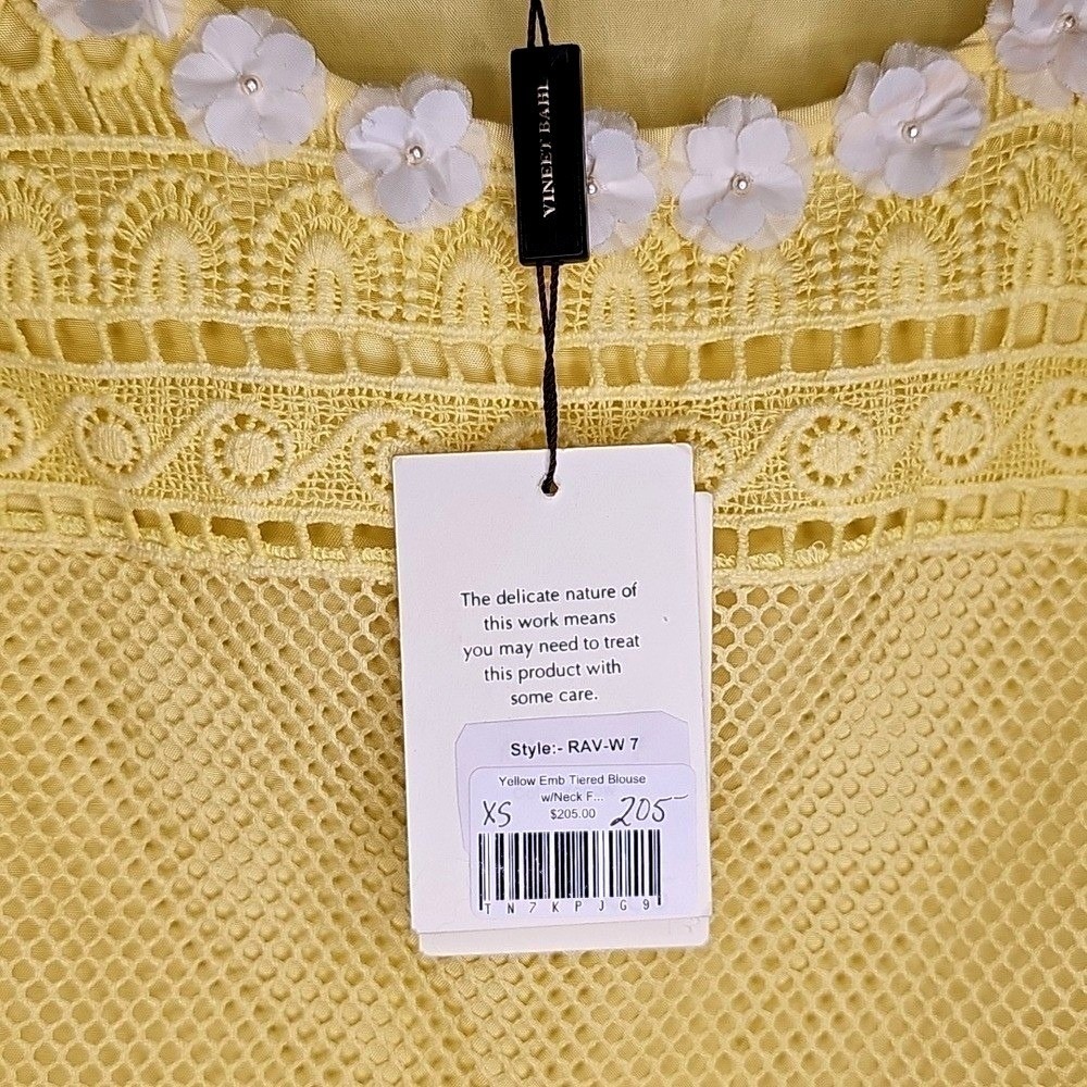 Vineet Bahl Womens Embroidered Yellow Mesh Tiered Blouse Boho XS - Picture 7 of 7